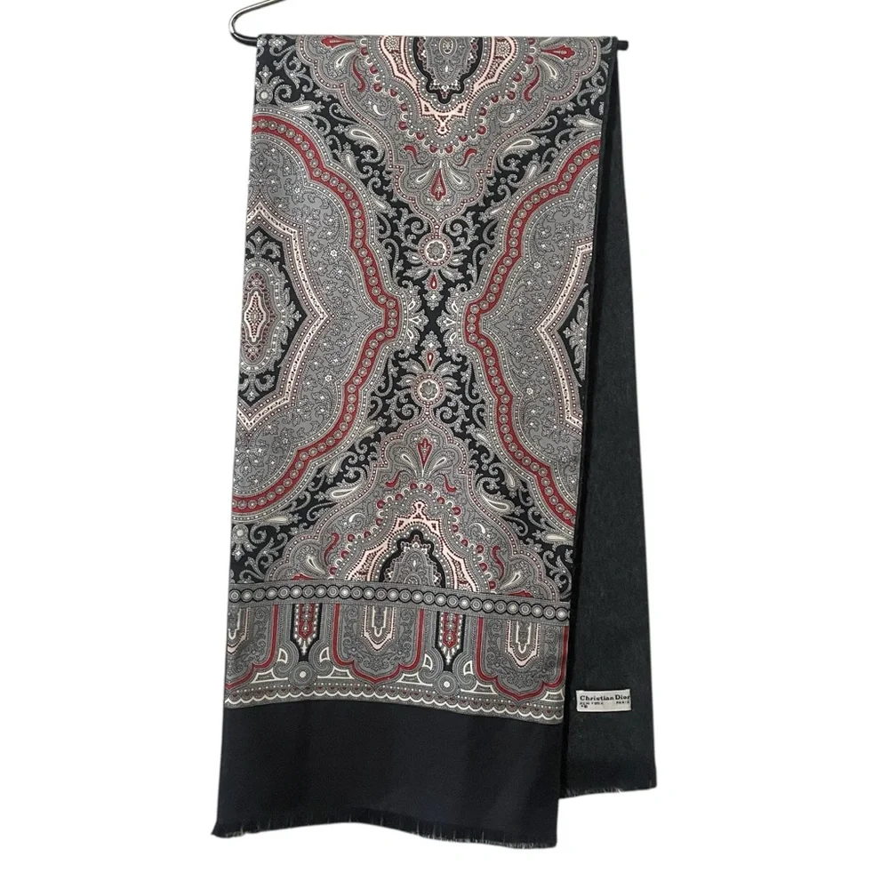Christian Dior Double Sided Black & Gray Patterned Tuxedo Style Scarf 11